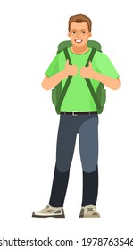 Guy is tourist. Young handsome handsome boy with backpack. Friendly smile. In jeans, T-shirt and sneakers. Good mood. Single. Cartoon flat style. Illustration is isolated on white background. Vector