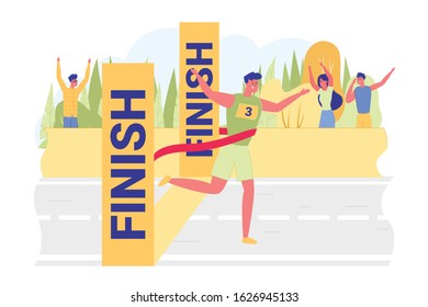 Guy in Tracksuit Finishes and Wins Race, Banner. Successful Completion Marathon. Man Crossed Finish Line and Tore his Red Ribbon with his Body, Meaning Victory in Competition. Viewers Exult with him.