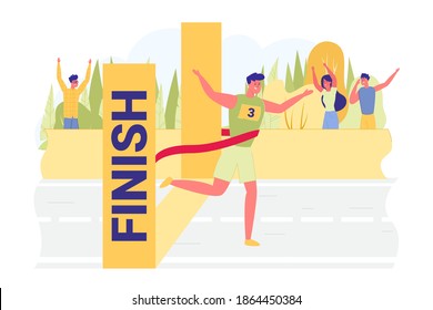 Guy In Tracksuit Finishes And Wins Race, Banner. Successful Completion Marathon. Man Crossed Finish Line And Tore His Red Ribbon With His Body, Meaning Victory In Competition. Viewers Exult With Him.