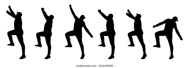 The guy in tracksuit, sneakers, cap. Rock climber. Rock climbing. Climb. Lend a helping hand. One character in six poses, suitable for motion animation. Six black male silhouettes isolated on white