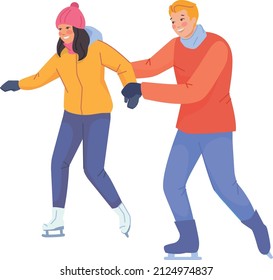 Guy training girl ice skating. People having fun together isolated on white background