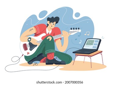 Guy Training On Guitar Online Vector Illustration. Man Take Music Lesson On Laptop, Repeat Song Flat Style. Music, Education, Hobby Concept