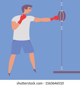 The guy trains Boxing on a small pear. Athlete in training shorts. A powerful punch. Individual sport Boxing. Vector
