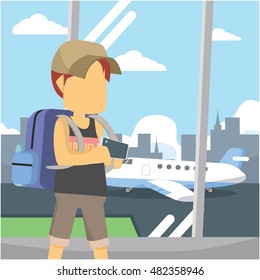 guy traveller in airport lobby