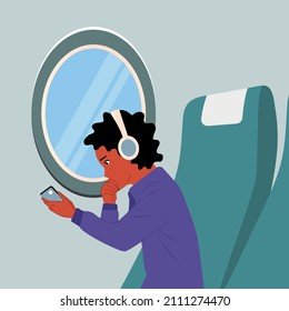 The guy travels by plane. Passenger in headphones, holding a phone in his hand. The concept of a safe flight. Vector illustration of a cartoon character.