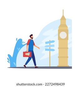 Guy travels England among popular tourist locations and landmarks color 2d vector graphic. Bearded man with suitcase near Big Ben and signpost. London vacation, trip abroad flat art, cartoon picture