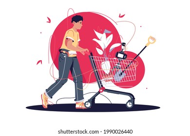 Guy with trolley from store vector illustration. Man walking from shop with new equipment for home flat style. Shopping, replenishment of stocks concept. Isolated on white background