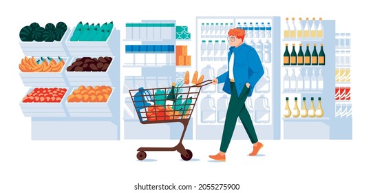 tipo con carro en el supermercado. Pantalones, frigorífico, estanterías de productos, cajas de verduras de madera y frutas. Ilustración vectorial plana
