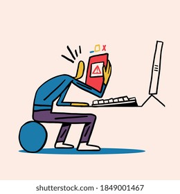 Guy with trouble Holding Error message from his computer. Technology trouble Vector Concept and minimalist hand drawn with Bold line and primary color.