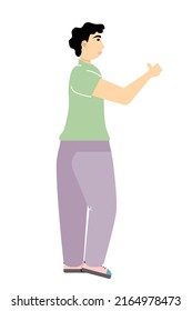 guy in trousers and a t-shirt standing sideways shows class with his hand