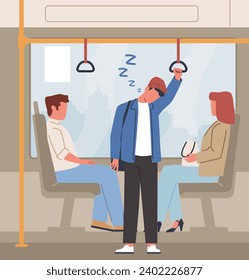 Guy trying to fall asleep on public transportation on his way to work. Young man character standing trying to sleep in bus. Morning time scene. Cartoon flat isolated illustration, vector concept