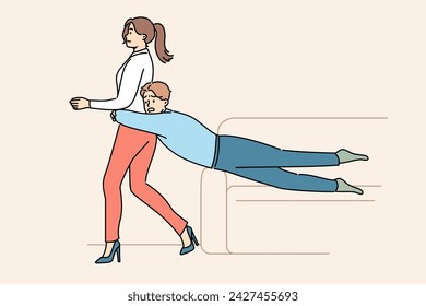 Guy is trying to hold back wife wants to get divorce or go to party on own, and grabs girl while sliding off sofa. Girl wants divorce after family quarrel and lack of courage in boyfriend