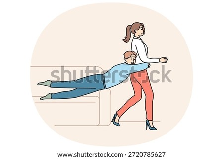 Guy is trying to hold back wife wants to get divorce or go to party on own, and grabs girl while sliding off sofa. Girl wants divorce after family quarrel and lack of courage in boyfriend