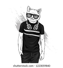 The guy in the t-shirt and headphones with the head of a cat. Hipster cat. Vector illustration for print on a postcard or clothes. Fashion & Style.