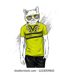 The guy in the t-shirt and headphones with the head of a cat. Hipster cat. Vector illustration for print on a postcard or clothes. Fashion & Style.