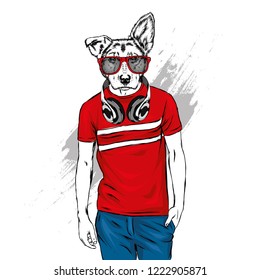 The guy in the t-shirt and headphones with the head of a dog. Hipster dog. Vector illustration for print on a postcard or clothes. Fashion & Style.