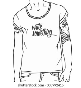 guy in a T-shirt with a tattoo line drawing