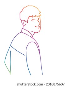 Guy turning around and smiling. Rainbow color. Sketch vector illustration.