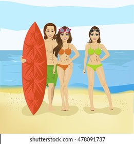 guy and two girls with surfboard on the sea ocean beach