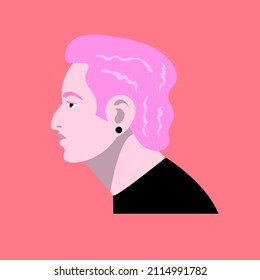 Guy of unconventional appearance. A young man with pink hair and a round earring. Avatar. Vector flat illustration.