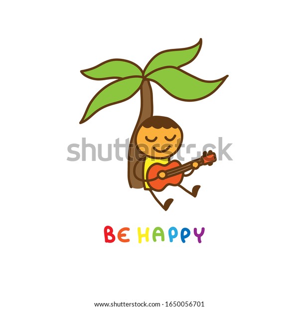 ヤシの木の下の男がギターを弾き 色の文字はハッピーで簡単な漫画のイラストです のベクター画像素材 ロイヤリティフリー