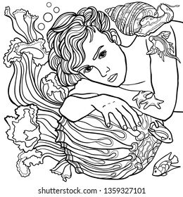 The guy is under the water. Swimmer. Diving and marine design elements could be used for coloring book. Black and white in zentangle style. Sea, fish, jellyfish. Fantasy. Vector illustration