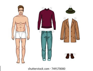 The guy in the underwear is standing in front. Paper doll of a man. Set of warm winter casual clothes for men