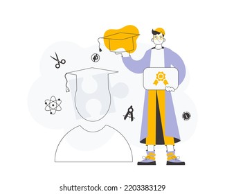 The guy is a university graduate holding a diploma. Line art trendy style. Vector.