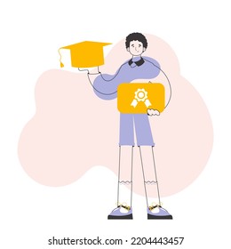 The guy is a university graduate holding a diploma. Trendy style line art. Vector illustration.