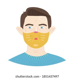 Hombre con una máscara inusual. El concepto de máscaras faciales brillantes. Dibujo a mano a la moda. 