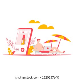 The guy uses the application for dating on the beach