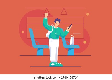 Guy uses smartphone in bus vector illustration. Young man look in mobile phone while riding to his station flat style. City transfer, kill time, travel concept. Isolated on red background