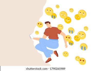 The guy uses a smartphone from the screen of which emoji are flying. Vector illustration in flat style