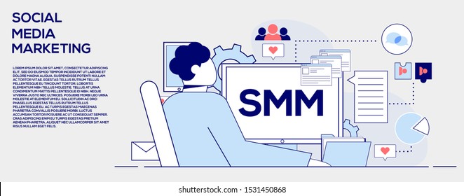 Guy using computer for SMM marketing. Pattern of social media marketing on the background. Monitor, cog, mail, phone, messages. Text bar on the left side. Flat vector illustration
