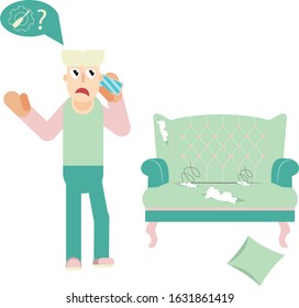 A guy using eyeglasses ask repairman for fixing his defective sofa, a flat vector illustration. A damaged goods vector illustration, this illustration can use as a sticker also. 