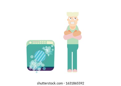 A guy using eyeglasses got angry because of defective washing machine, a flat vector illustration. A damaged goods vector illustration, this illustration can use as a sticker also. 