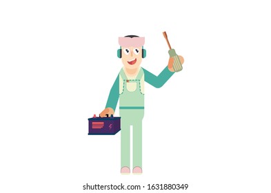 A guy using eyeglasses as a repairman, a flat vector illustration. A damaged goods vector illustration, this illustration can use as a sticker also. 