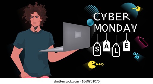 guy using laptop cyber monday online sale poster advertising flyer holiday shopping promotion 8-bit pixel art style banner horizontal vector illustration
