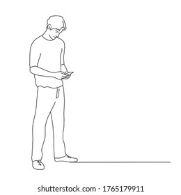 Guy are using phone. Line drawing vector illustration.