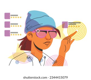Guy using smart glasses, VR virtual reality and augmented reality technology. Risograph retro style of future. Cartoon man character. Vector illustration isolated on white.