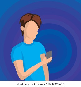 El tipo está usando un smartphone. Ilustración colorida