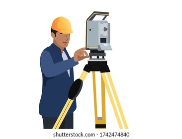 A guy using of total station. Guy surveyor engineer making measure. Vector flat illustration