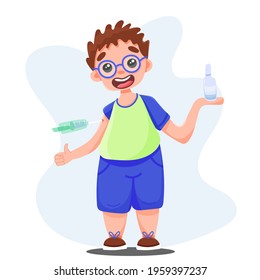 The guy with the vaccine in his hands. A shot of the vaccine. Vector illustration.
