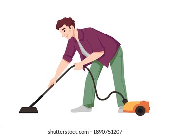 Guy vacuums flat with vacuum cleaner isolated flat cartoon character. Vector male doing housework chores, housekeeping and cleaning apartment. Husbands vacuuming house with hoover electric appliance