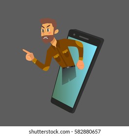 The guy is very angry. He swears using a video call on your smartphone. Vector illustration of a flat .