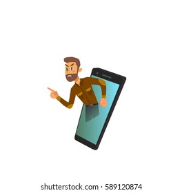The guy is very angry. He swears using a video call on your smartphone. Vector illustration of a flat .