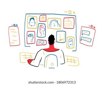 Guy at video call with lot of people in virtual conference. Work at home Vector Concept. Modern, Trendy and Minimalism Art with britght primary colors and Hand drawn. isolated on white.