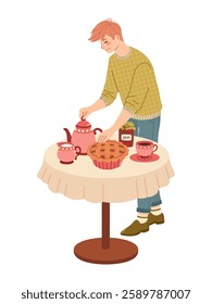 Guy in vintage clothes, sweater and jeans sets the table for a tea party. A table with a cake, a cup, a teapot, a jar of jam. Table setting at summer house, cottage, vector cottagecore illustration.