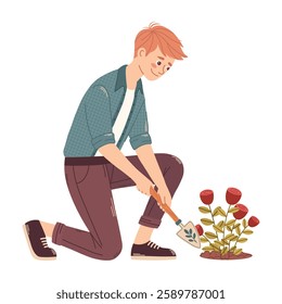 Guy in vintage gardening clothes, shirt and jeans planting rose flowers. Garden work, vector illustration cottagecore.