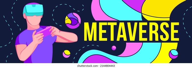 Guy in virtual reality glasses immersed into cyber game in metaverse. Meta universe gaming world technology. Wide banner with copy space and cosmic space elements. Editable vector illustration.